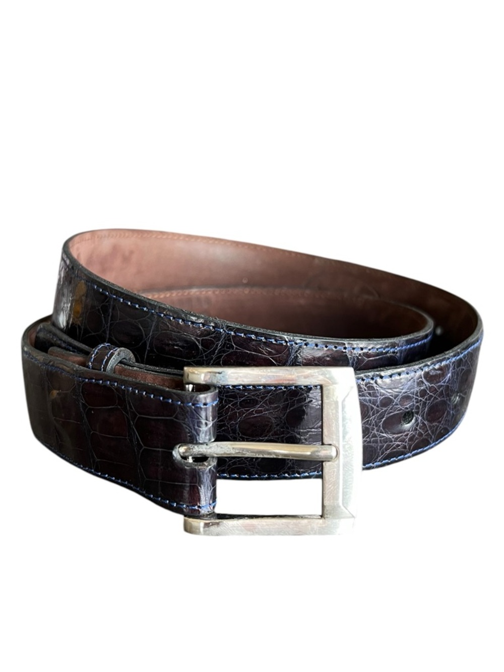 Bermont Men’s Navy Blue Contrast Stitch Genuine Alligator Leather Belt Size 36